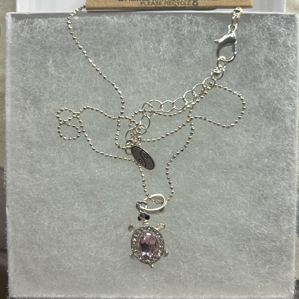 Pink and rhinestone silvery turtle pendant necklace